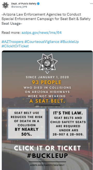 Twitter post from Arizona's Department of Public Safety on the importance of seat belts in Arizona