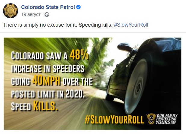 Post from Colorado State Patrol Facebook on the importance of keeping speed limits