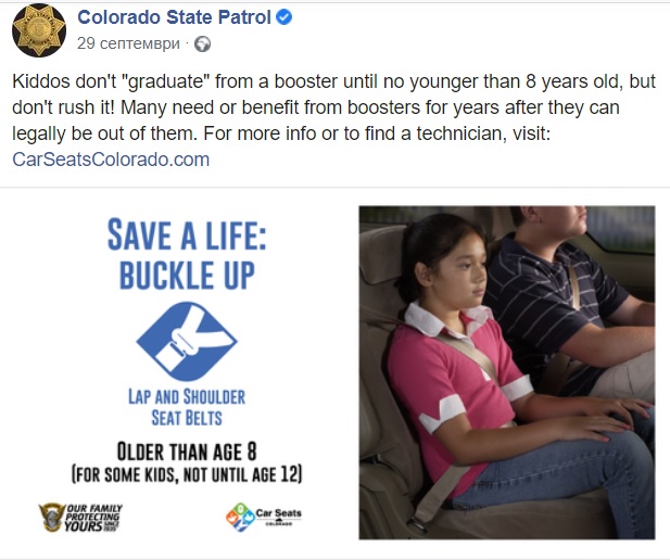 Post from Colorado State Patrol Twitter account on mandatory use of booster seats for children
