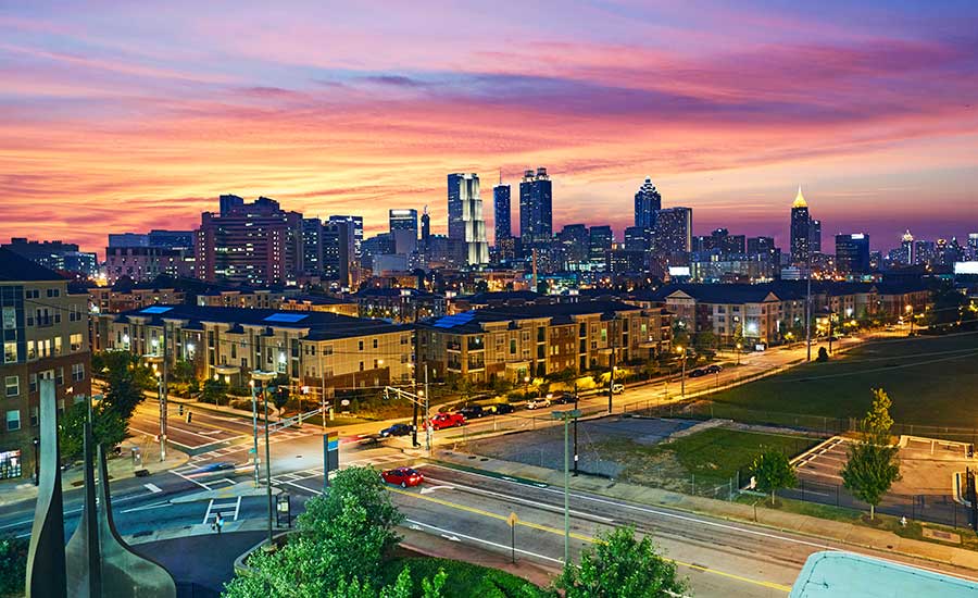 Aerial view of Atlanta, Georgia illuminated at sunset