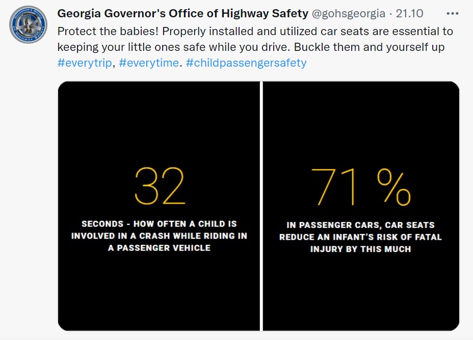 Twitter post from Georgia's Governor Office of Highway Safety on importance of buckling children