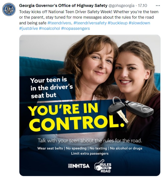 Twitter post from Georgia's Governor Office of Highway Safety on adults being responsible to teach teens road safety
