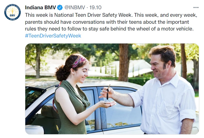 Post on Indiana BMV Twitter account on the importance of parents' guidance to teen drivers