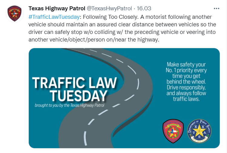 A post from Texas' Highway Patrol Twitter account on traffic laws