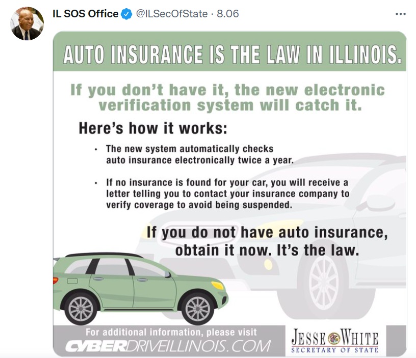 A tweet by the Office of the Illinois Secretary of State reminds that auto insurance is mandatory