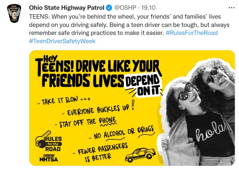 Twitter post from Ohio State Highway Patrol encouraging teens to drive safely