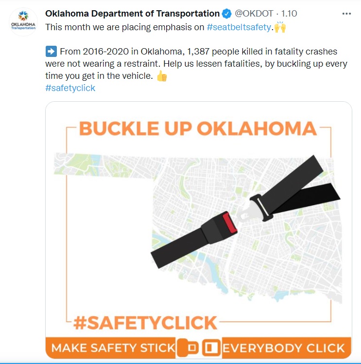 Twitter post on importance of seat belts