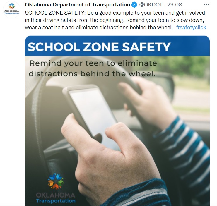 A man texting while driving – Twitter post by Oklahoma Department of Transportation